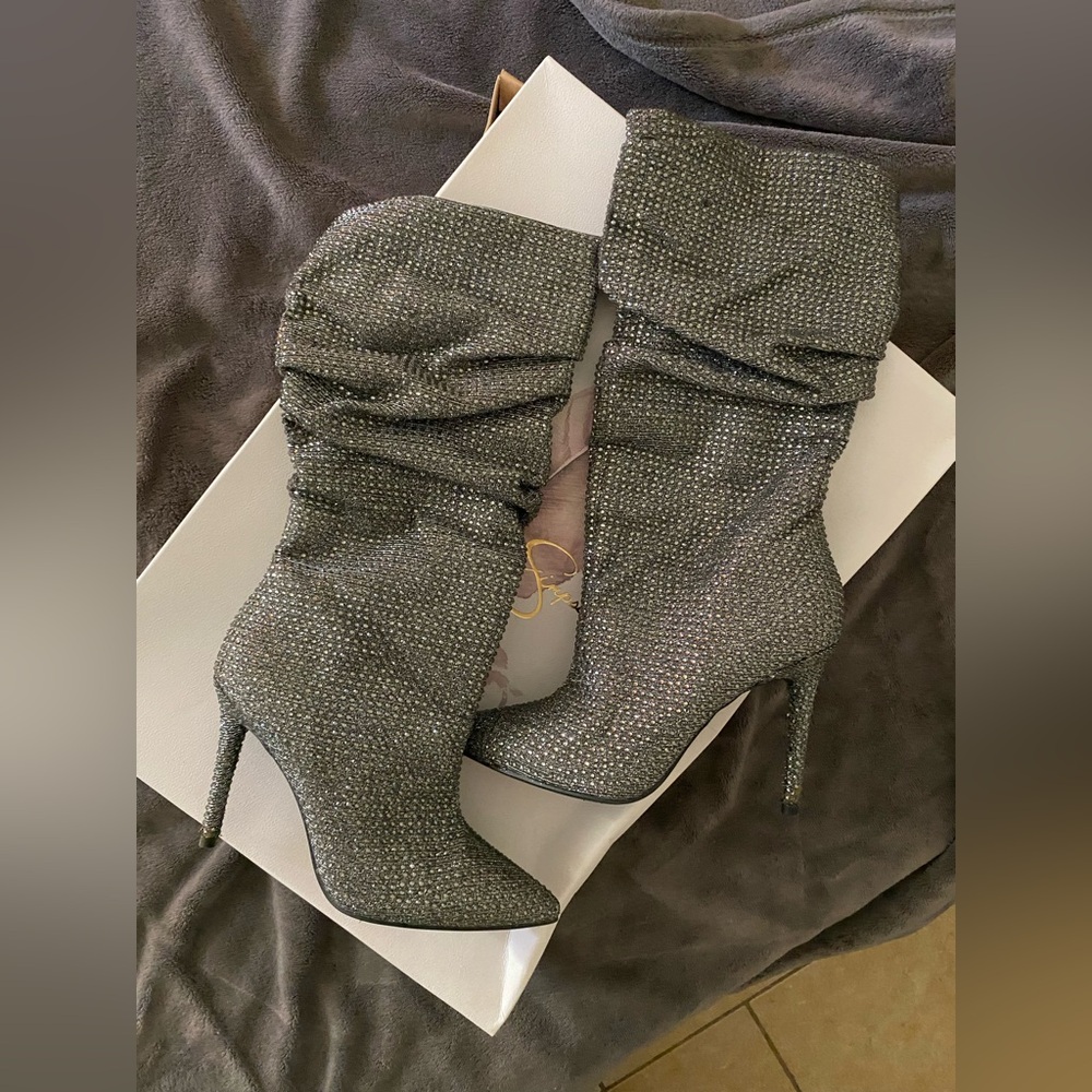 Elegant Gray Stiletto Boots Layzer pewter glitter